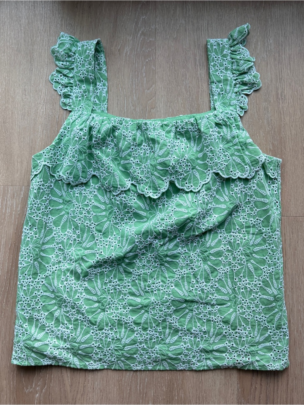 Loft green eyelet and ruffle tank top